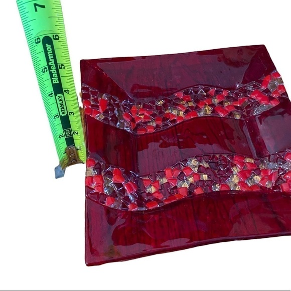 Vintage Fused  Red Glass Dish Wall Art Minimalist Mosaic Detail Signed Arcotex - Picture 10 of 12